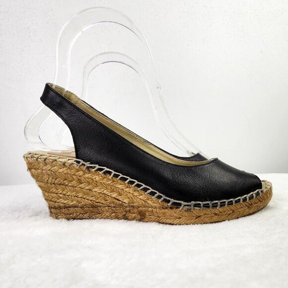 Fabiolas Black Leather Espadrilles Size 37 Sling Back Peep Toe Coastal Vacation - Picture 1 of 7